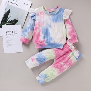 2020 New Fashion 2Pcs 0-4Years Baby Girl Fall OutfitsTie Dye Print Long Sleeve Ruffle T-Shirt Bowknot Pants Set