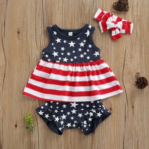 2021-04-06 Lioraitiin Independence Day 0-3Y Summer Baby Girls Clothes Sets Star Striped Printed Sleeveless Tops Shorts Headband