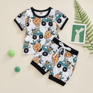 2022-12-13 Lioraitiin 0-3Years Easter Baby Boys 2Pcs Easter Set Short Sleeve Carrots Print T-shirt with Elastic Waist Shorts