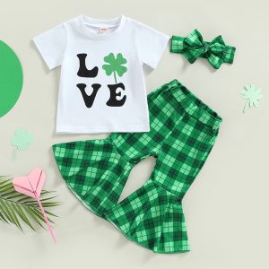 Lioraitiin 0-4Years Toddler Girl St.Patrick‘s Day Clothes Letter & Clover Print Short Sleeve T-Shirt Plaid Flare Pant