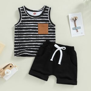 2022-12-16 Lioraitiin 2Pcs Baby Boy 2Pcs Casual Summer Outfits Sleeveless Striped Tank Tops Rolled Cuff Shorts Set