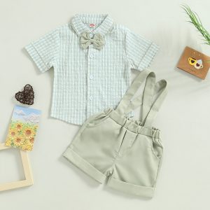 2023-01-06 Lioraitiin 0-4Years Boys 2Pcs Gentlemen Clothes Set Plaid Short Sleeve Turn-Down Collar Bow-Tie Shirts Straps Shorts