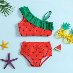 2023-01-09 Lioraitiin 0-7Years Toddler Kids Girls Bikini Set Ruffled Watermelon Seeds Print Tops Briefs for Summer Beach