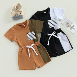 2023-02-13 Lioraitiin 0-3Years Toddler Boys 2Pcs Summer Outfit Sets Short Sleeve O Neck Contrast Shirt Drawstring Shorts