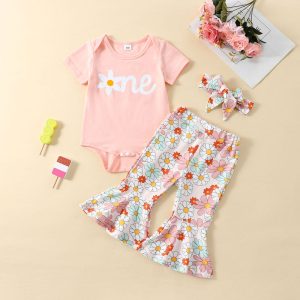 2023-02-14 Lioraitiin 0-3Years Baby Girls 3Pcs Set Short Sleeve Letters Print T-shirt/Romper Flower Print Flare Pants Headband