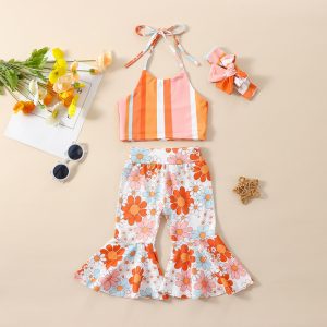 2023-02-20 Lioraitiin 0-5Years Kid Girls 3pcs Summer Clothes Sleeveless Hanging Neck Striped Print Vest Long Bell-Bottoms Pant