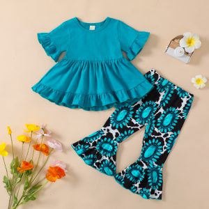 2023-02-23 Lioraitiin 0-5Years Toddler Kids Girls Clothes Set Solid Short Sleeve Crew Neck Ruffles T-Shirts Gem Print Flare Pant