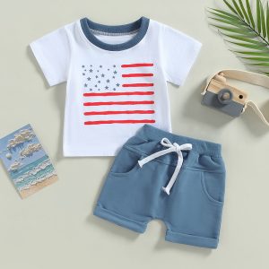 2023-03-14 Lioraitiin 0-3Years Independence Day Toddler Boys 2Pcs Outfits Summer Stars Stripes Short Sleeve T-shirt Shorts Set