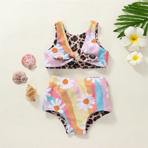 2023-03-16 Lioraitiin 0-4Years Toddler Kids Girl 2pcs Swimsuits Summer Rainbow Leopard Print Sleeveless Tank Tops Beach Shorts