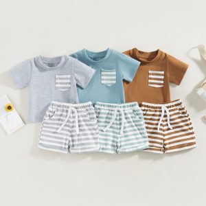 2023-03-28 Lioraitiin 0-3Years Kids Girls Boys 2Pcs Casual Summer Suit Short Sleeve Round Neck Tops Loose Striped Short Pant