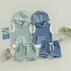 2023-03-31 Lioraitiin 0-3Years Toddler Baby Boy Summer Outfits Striped Patchwork Sleeveless Hoodie with Pockets Stretch Shorts