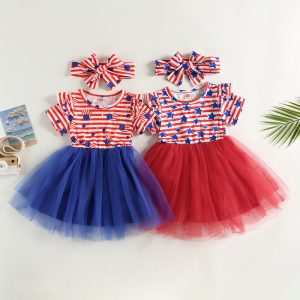 2023-04-01 Lioraitiin 0-6Years Kids Girl Ruffle Dresses Short Sleeve Round Neck Striped Street Princess Dress Head Band