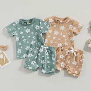 2023-04-19 Lioraitiin 0-3Years Toddler Baby Girl 2Pcs Summer Clothing Set Short Sleeve Floral Printed Crew Neck Shirt Top Shorts