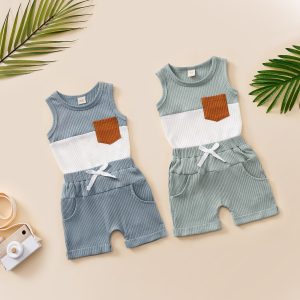 2023-05-10 Lioraitiin 0-3Years Toddler Baby Boy Girl 2Pcs Summer Outfits Sleeveless Contrast Color Ribbed Tank Tops Shorts Set