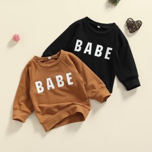 Lioraitiin 0-3Years Toddler Kids Boy Girl Swearshirts Casual Letters Printed Pattern Long Sleeve Round Collar Tops Khaki/ Black