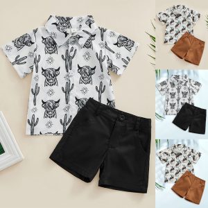 2pcs Lapel Short Sleeve Shorts Summer Short Sleeve T Shirt Shorts Printed Fashion Casual Outfits for Toddler Baby Boys