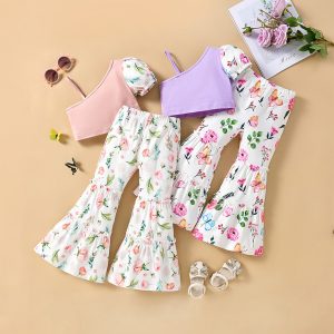 2pcs Summwer Sets Floral Print Crop Top Flared Pants Casual Patchwork Vest Bell Bottoms Pants Set for Baby Girls Clothes Outfits