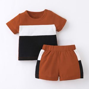 Baby Boy Casual Tops Shorts Two-Piece Set Pullover Top and Shorts Contrast Patchwork Round Neck Loose Summer Kids Clothing