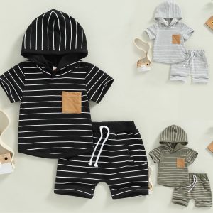 Baby Boy Hoodie Top Shorts 2 Piece Striped T Shirt Short Pants Casual Newborn Summer Outfit Set Hooded Tie Front Short Pants