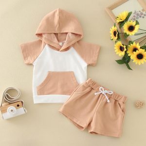 Baby Boy Hoodie Top Shorts Casual Patchwork Hooded Shorts 3-24M Short Sleeve T Shirt Shorts Cotton Newborn Summer Outfit Set
