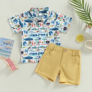 Baby Boy Loose T-shirt Tops Solid Shorts Two-Piece Set Short Sleeve Shirt Shorts Single Breasted 12M-5T Kids Shorts Suits