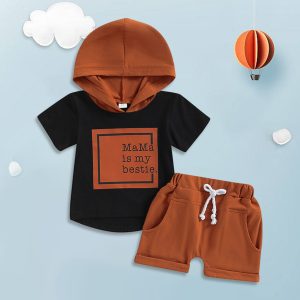 Baby Boy Pullover Hooded Top and Laceup Shorts Two-Piece Set Patchwork Tops Drawstring Shorts Round Neck Summer Children Clothes