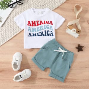 Baby Boys Casual Sports Tops Shorts Two-Piece Set Pullover T Shirt Tops and Shorts Cotton Letter Printed Children Clothes Sets
