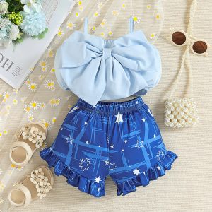 Baby Girl Cami Top Ruffle Shorts Bow Front Toddler Girl Sleeveless Top Shorts Fashion Casual 2pcs Printed Summer Clothes Set