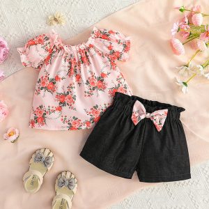 Baby Girl Casual Tops Shorts Two-Piece Set Pullover Top and Bow Laceup Shorts Round Neck Fashion Spring Summer Kids Dailywear
