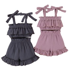 Baby Girl Kids Ruffle Sling Tops Shorts Solid Color Toddler Girls Suspender Top Shorts Lace Up Off Shoulder Fashion 2pcs Outfits
