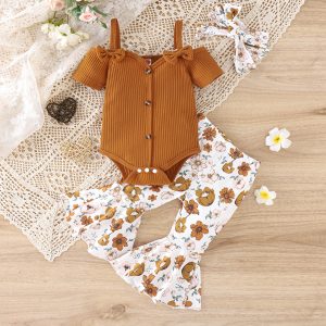 Baby Girl Spring Summer Clothes Outfits Set Lovely Solid Suspender Pants Cute T-Shirt Tops Bell Bottoms Tops Floral Flare Pants