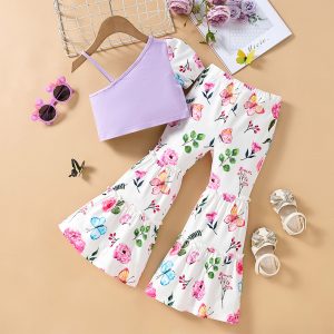 Baby Girls Clothes Set 2 Piece Floral Print Crop Top Flared Pants Casual Patchwork Vest Bell Bottoms Pants Set