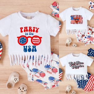 Baby Girls Independence Day Tassels Short Sleeves Tops Set Lovely Casual Kids Clothes 2023 Summer Baby Clothes Children Clothes