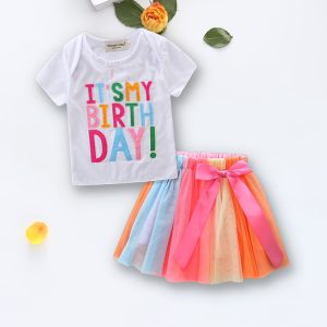 Baby Girls Kids Clothing Sets Summer Outfits 2pcs Set Toddler T-Shirts Tulle Tutu Skirt Cotton Birthday Color for Children's Day