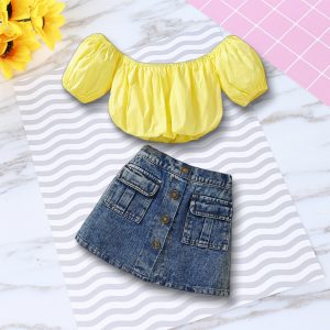 Baby Girls Puff Sleeve Top Denim Buttons Skirt Off Shoulder 2pcs Summer Kids Outfit Fashion Casual Children Clothing