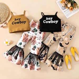 Fashion Toddler Girls Crop Top Long Pants Straps Baby Girl Cami Top Flare Pants Letter Print Casual 2pcs Summer Clothes Set