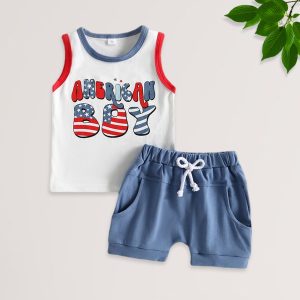 Top Bottom Set Boy Star Striped Tracksuits Casual Set Elastic Sleeveless Round Neck Two-Piece Children Clothes Independence Day