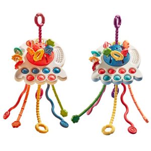 UFO Baby Montessori Pull String Developmental Sensory Toys Food Grade Silicone Pull Activity Travel Toy Teething Toys For Babies