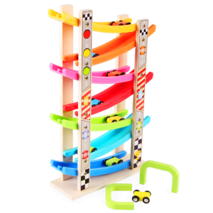 Wooden 7-layer Ramp Race Track & 8 Mini Inertia Car Sliding Toy Vehicel&Train Baby Toddler Motor Skill Developmental Kids Gift